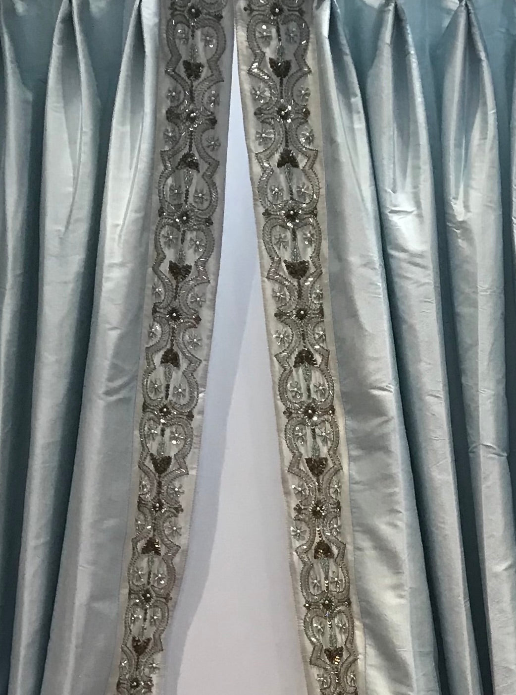 Silk Dupioni Solid Hand Embroidered Trim Drapes Curtains Ice Blue