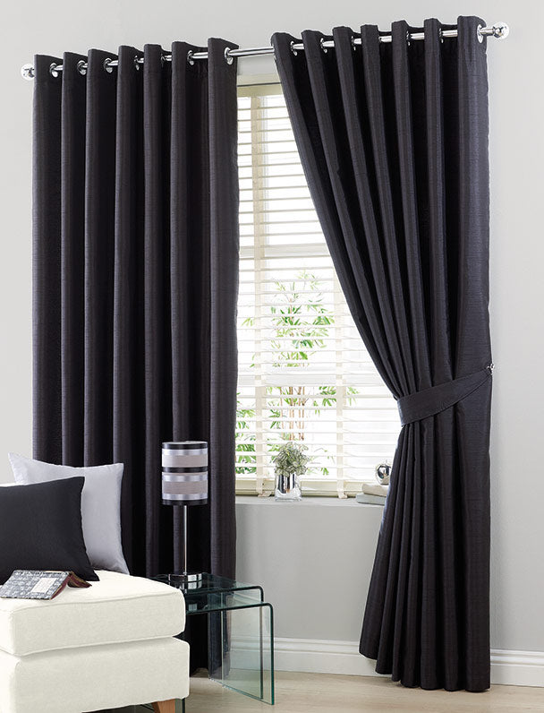 Faux Silk Dupioni Solid Drapes Curtains Black