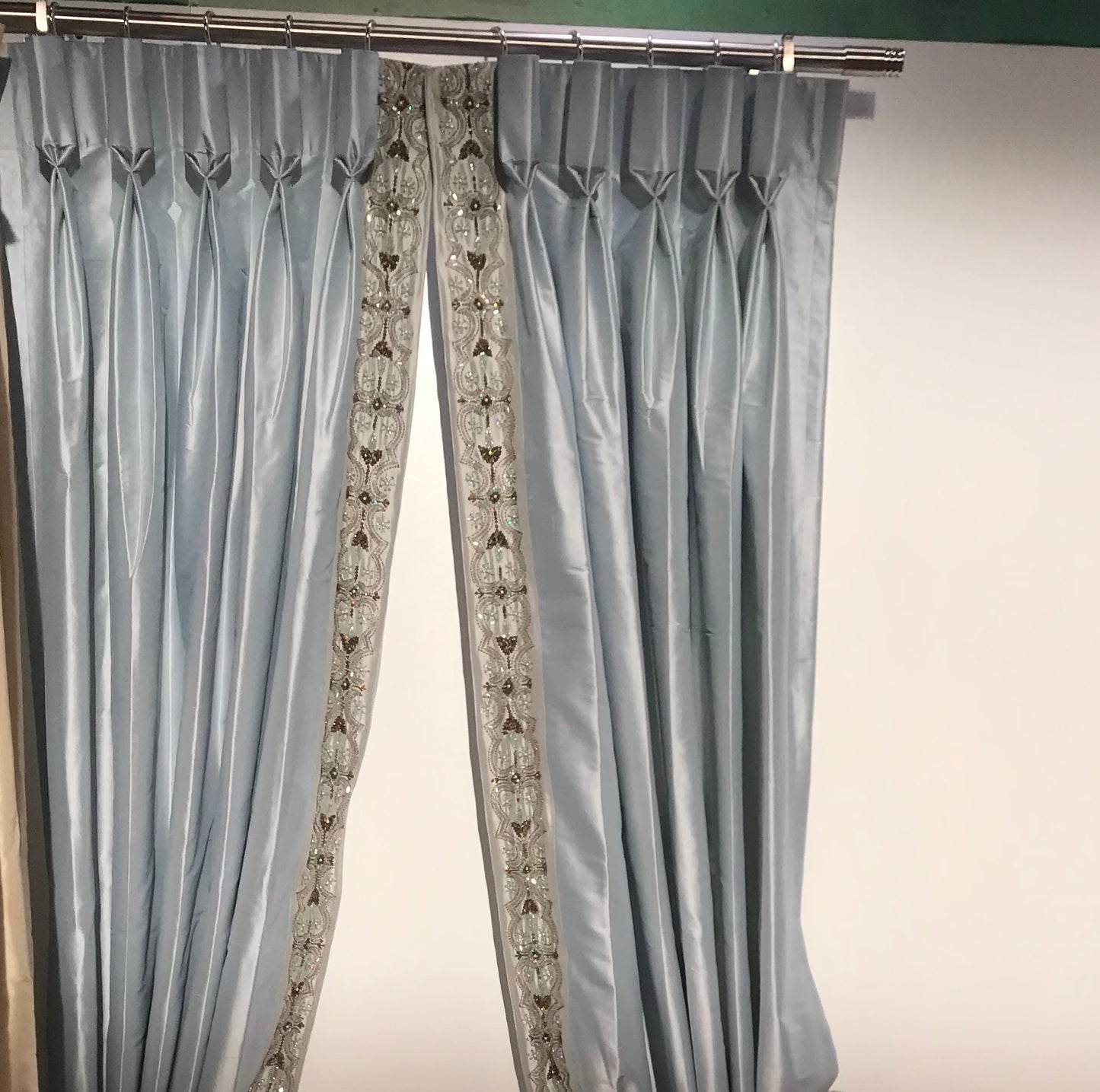 Silk Dupioni Solid Hand Embroidered Trim Drapes Curtains Ice Blue
