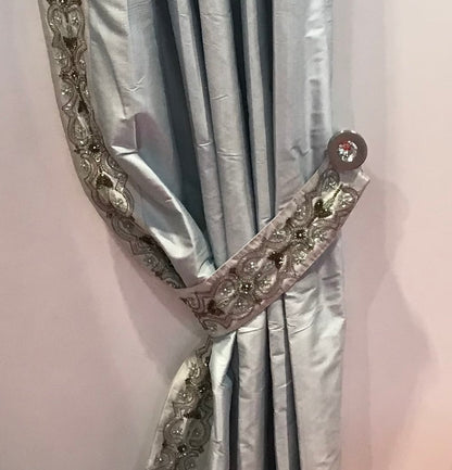 Silk Dupioni Solid Hand Embroidered Trim Drapes Curtains Ice Blue